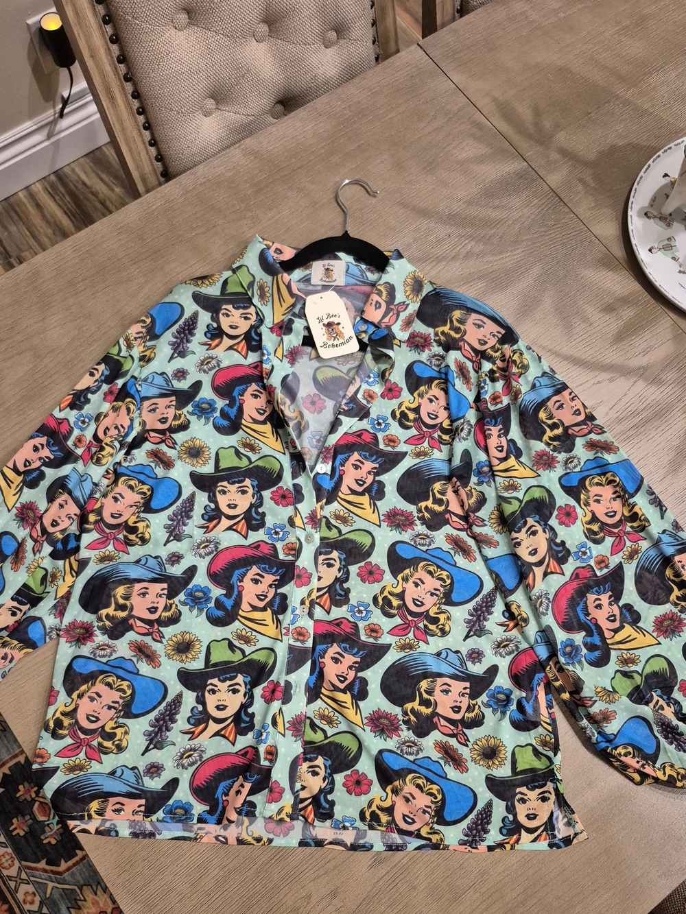 Retro Pop Art Cowboy Print Blouse in Light Blue